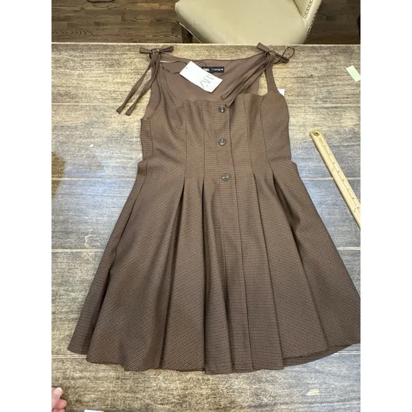 Zara Brown Houndstooth Check Square Neck Pleated A-Line Mini Dress Academia - Image 2
