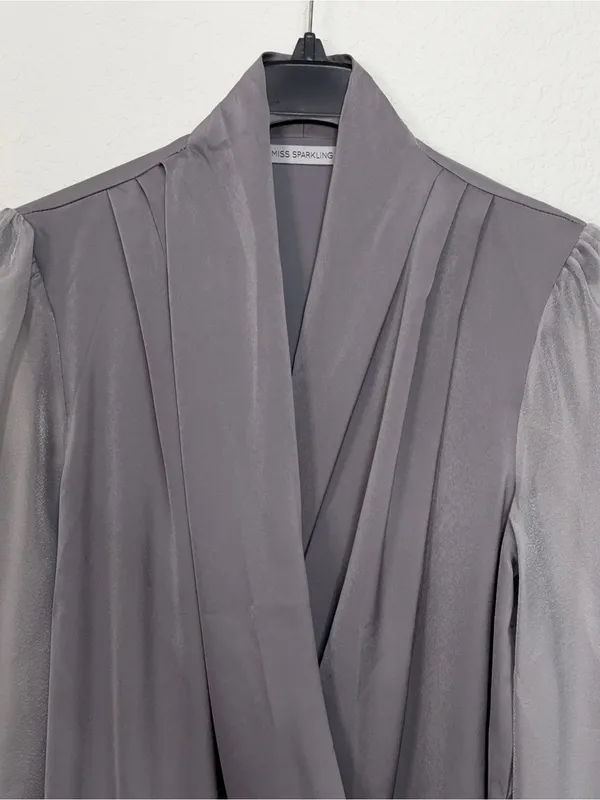 Miss Sparkling Silver Gray Satin Surplice Wrap Blouse Draped Long Sleeve Top - Image 4