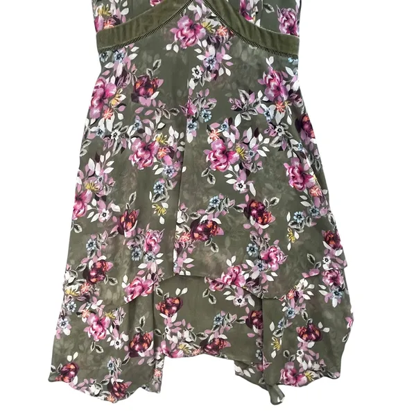 White House Black Market Olive Green Floral‎ Handkerchief Hem Midi Dress Size 8 - Image 5
