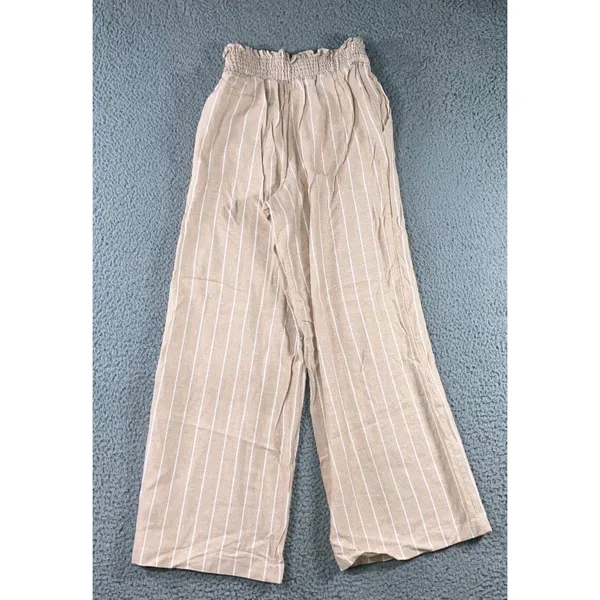 Pink Rose Wide Leg Pants Women S Tan White Striped Smocked High Rise Linen Blend - Image 2