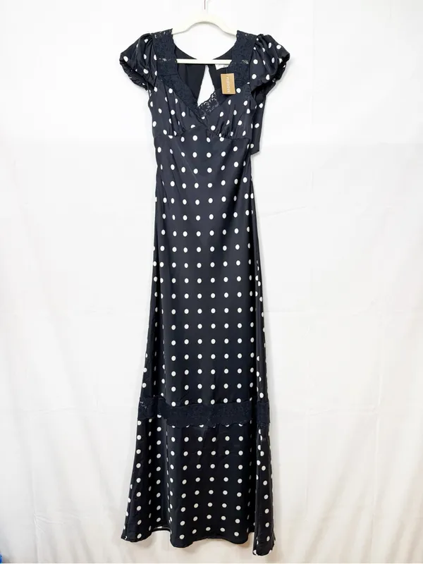 Vestique Mariselle Maxi Dress Polka Dot Lace Puff Sleeve Black White Satin - Image 3