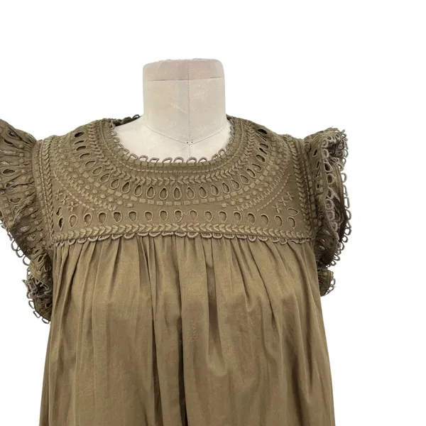 Boden Broderie Detail Midi Dress Eyelet Cotton Olive Green Size US 8P‎ Petites - Image 5