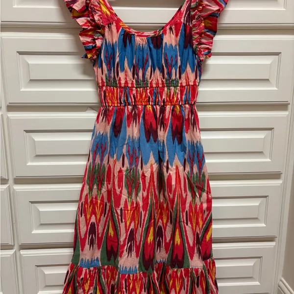 THML Multicolor Ikat-Style Summer Dress in Blue and Coral - Image 2