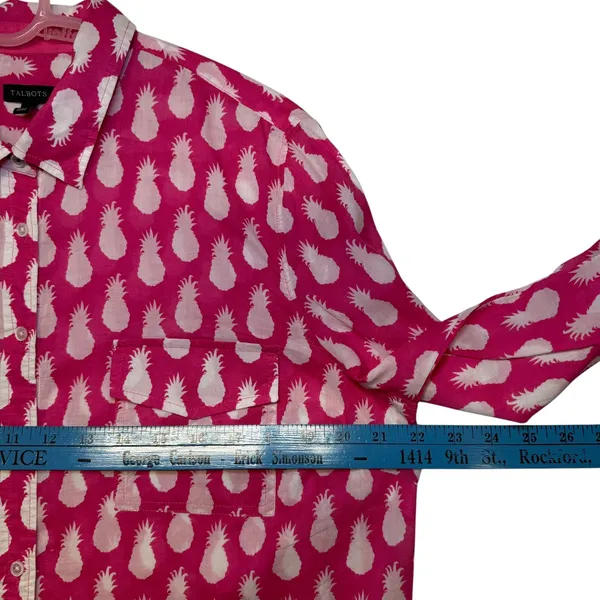 Talbots Womens Pink Pineapple‎ Print Cotton Button Down Shirt Lightweight Large - Image 5
