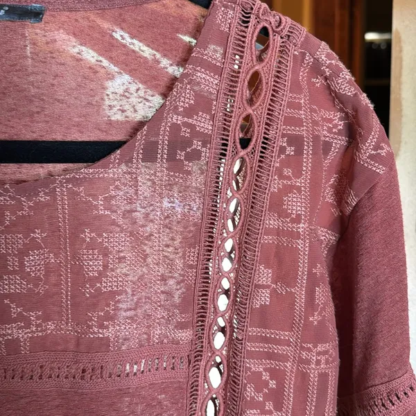 Miss Me Rust Embroidered Crochet Boho Blouse Top Size Small Western Festival - Image 5
