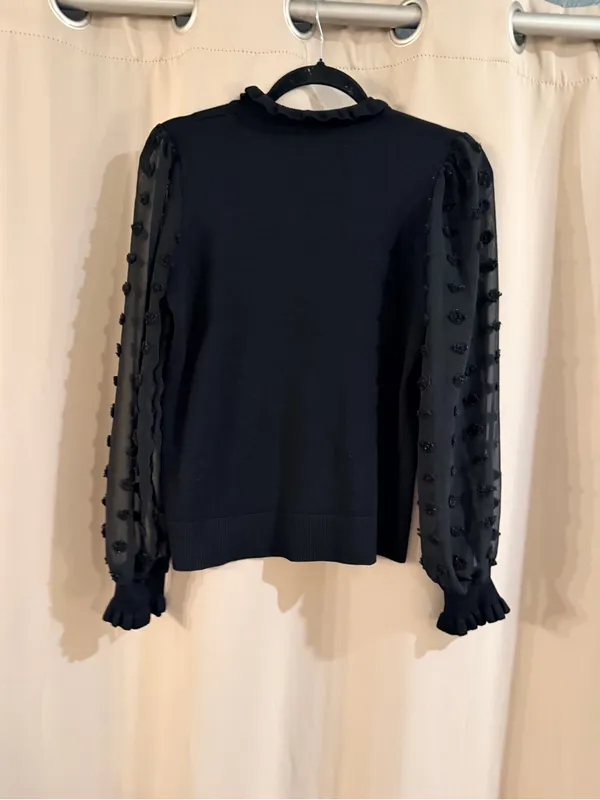 Adrianna Papell Black Ruffle Neck Puff-Sleeve Sweater Top - Image 3