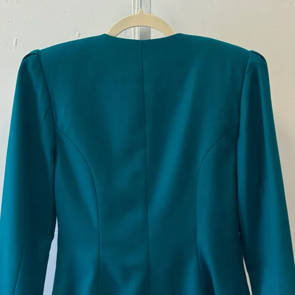 Lord & Taylor Vintage Teal Wool Flannel Blazer Collarless Button Front Jacket‎ 4 - Image 6