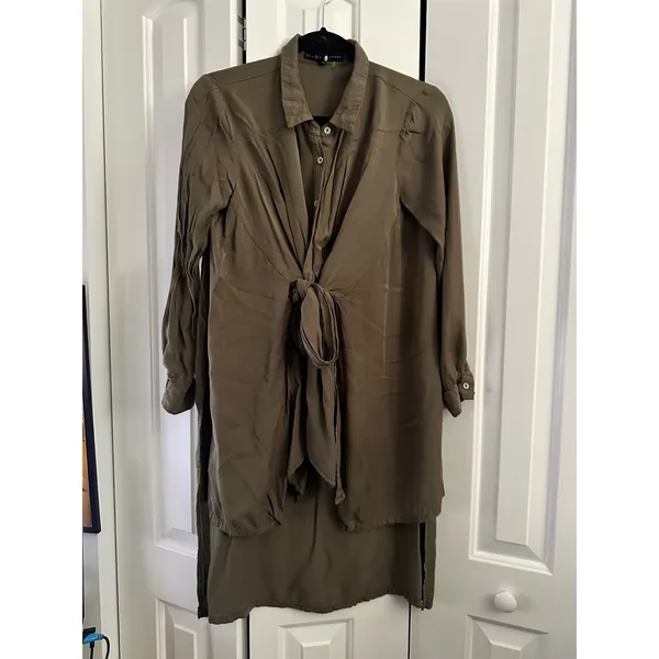 English Factory XS Olive Green Tie Front Long Sleeve Shirt Dress‎ Casual - Image 8