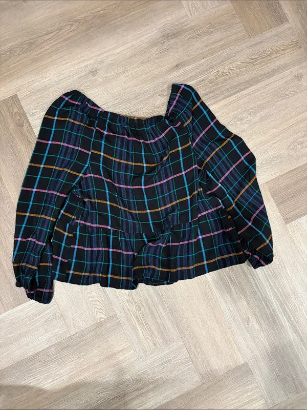 LOFT Black Navy Plaid Off-Shoulder Peplum Long-sleeve Blouse Size L - Image 5