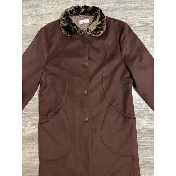 1980s Estuary Lenka K Brown Wool Blend Faux Fur Collar Longline Button Coat - Image 16