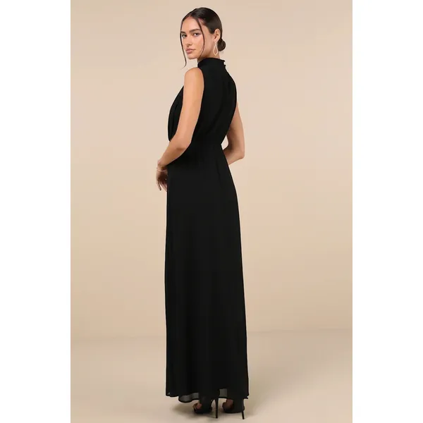 Lulus Classic Elegance Black Chiffon Sleeveless Mock Neck Maxi Dress Size XL - Image 4