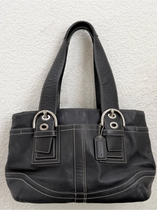Vintage Y2K COACH F10911 Soho Carryall Satchel Black Leather Contrast Stitching - Image 7