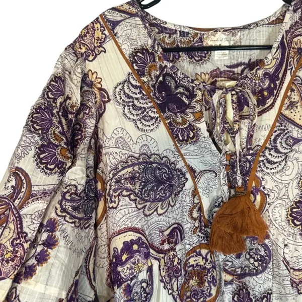Band of The Free White & Purple Paisley Floral Boho Peasant Dress Women Sz L - Image 5