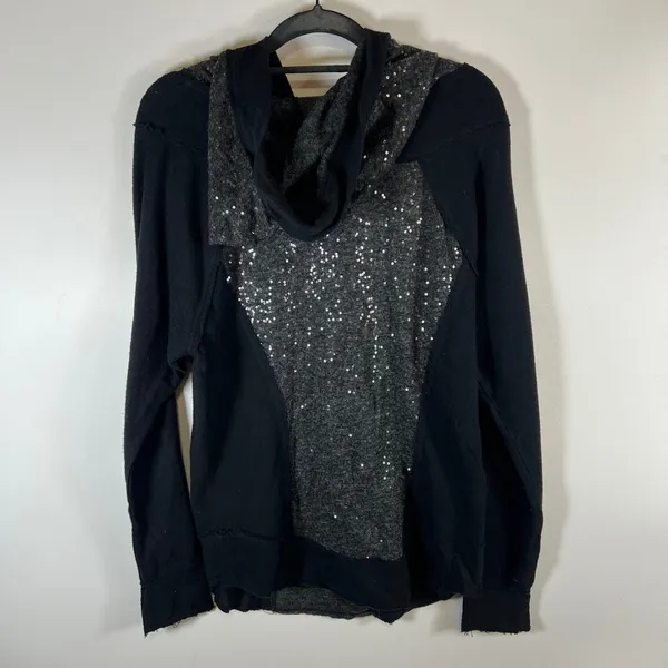 Free People‎ Sequin Mixed Media Hoodie Black Charcoal Grey Pullover Small boho - Image 6