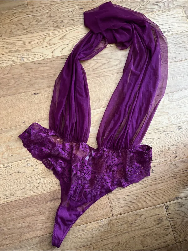 2X - Adore Me - Deep Purple Sheer Lace Halter Teddy - Image 3