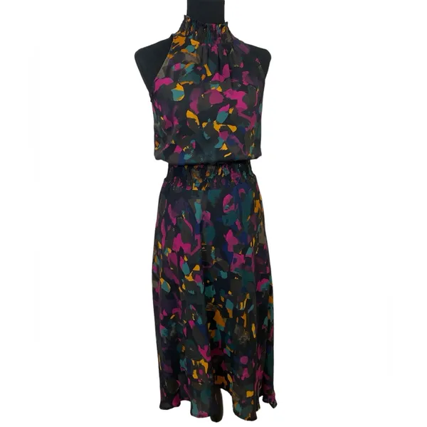 Sleeveless mock neck Multicolor chiffon Smocked waist midi dress wedding guest - Image 2