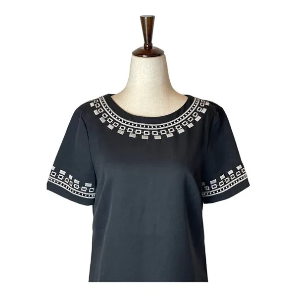 Lulus Black Short Sleeve Embroidered Crew Neckline‎ Mini Shift Dress Size S - Image 4