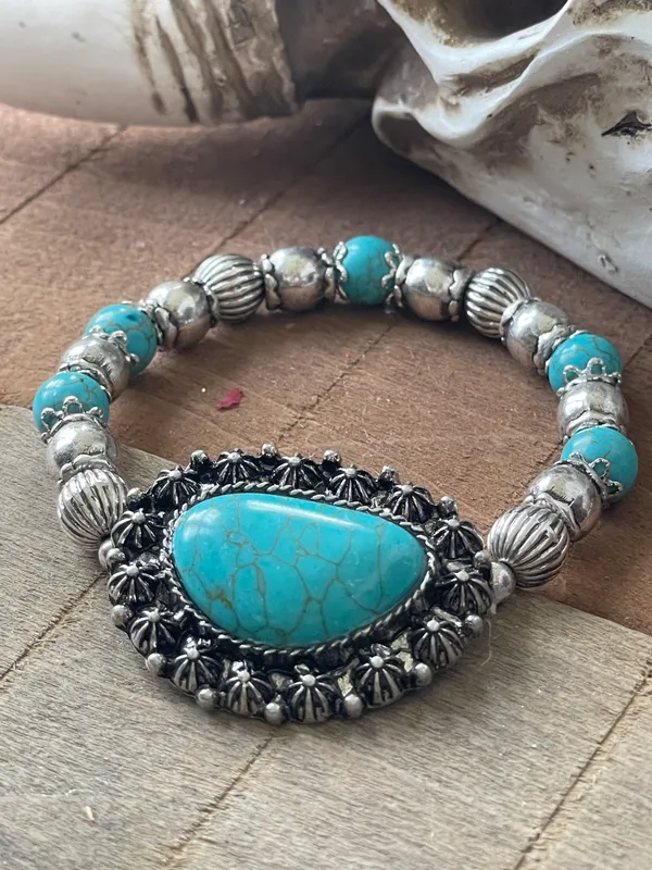 Western women’s faux turquoise and silver stretch bracelets. - Image 7