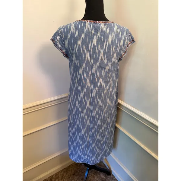 J. Jill Pure Jill Blue Ikat Cotton Dress Embroidered V-Neck Boho Shift Pockets - Image 5