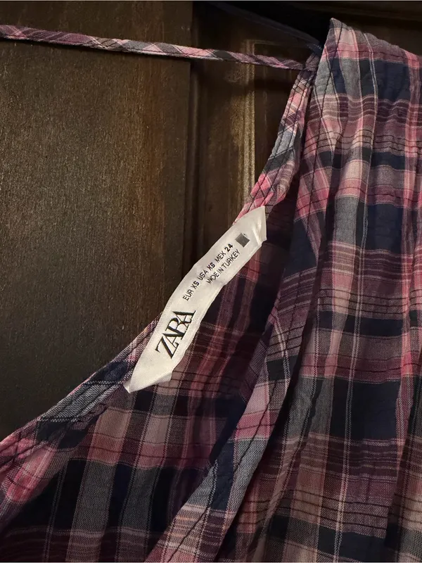 Zara Plaid Smocked-Waist Long Sleeve Top - Pink & Blue - Image 2