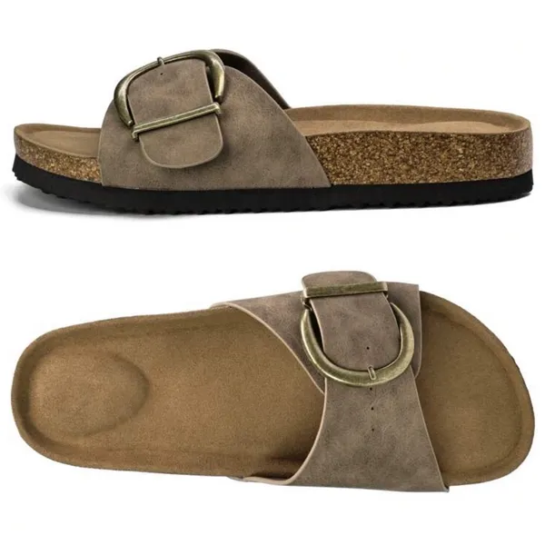New. Women’s Cork Footbed Slide Sandals with Buckle – Taupe size 10 - Image 2