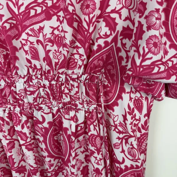 Entro Pink Damask Print V-Neck Smocked Mini Dress Small Vibrant Festival Girly - Image 5
