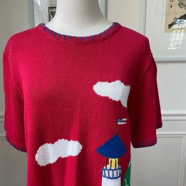 Vintage 90s Quacker Factory Summer Lighthouse Duck Short Sleeve Tunic Sweater XS - Image 2