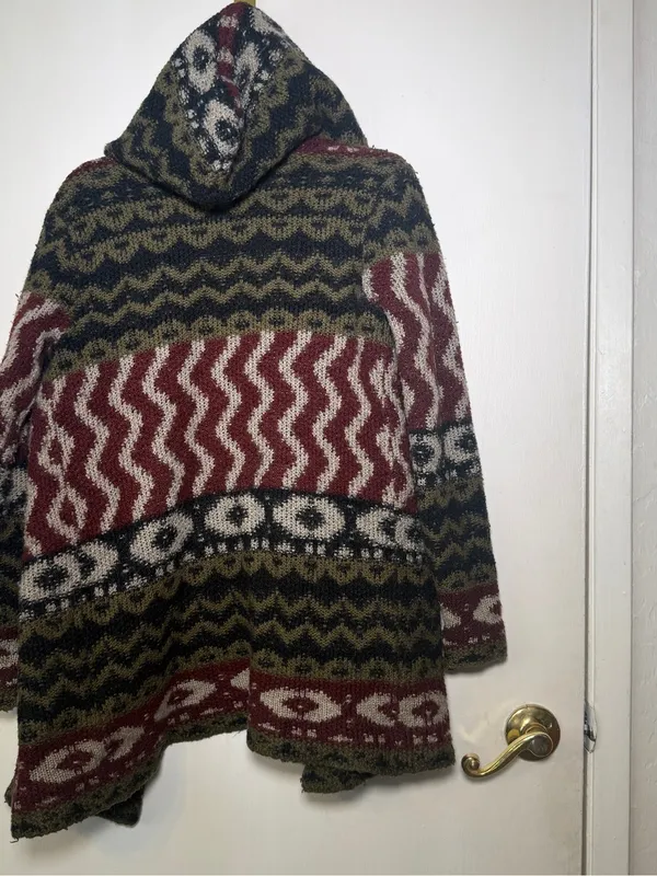 Abercrombie & Fitch Womens Olive, Burgundy Patterned Open Cardigan Sweater Small - Image 7