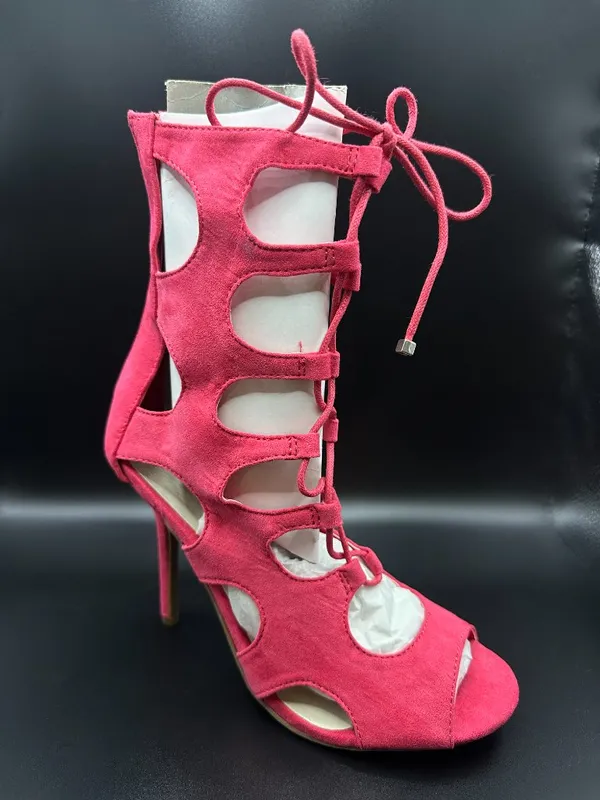 Wild Diva Hot Pink Suede Cutout Lace Up Stiletto Heel Booties Barbiecore Glam - Image 12