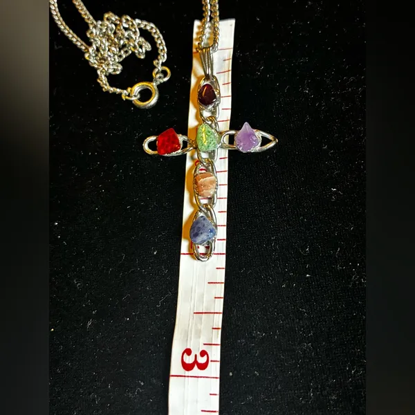 Multicolor Raw Gemstone Cross Necklace Silver tone - Image 4