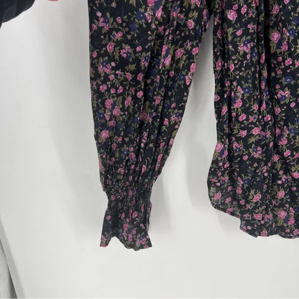 Free People Meant To Be Black Floral Print Full Mutton‎ Sleeve Peasant Blouse M - Image 4