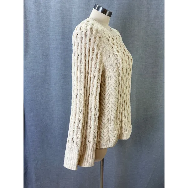 J.Crew Cream Openwork Cable Knit Cotton Sweater Bell Sleeve Large - Image 5