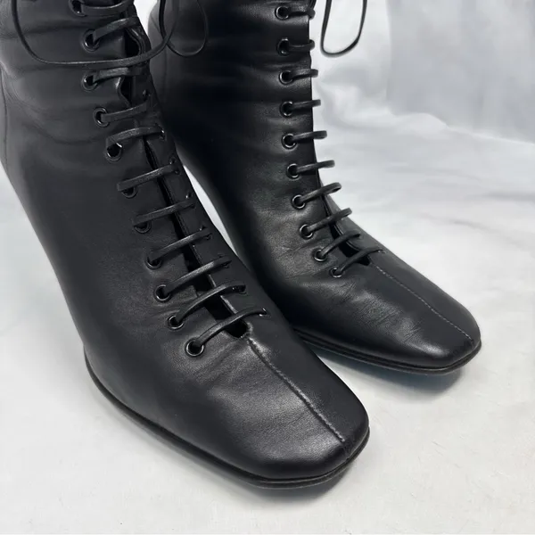 OFF-WHITE Leather Lace Up Card Holder Logo Heeled Ankle Boot Black Streetwear 36 - Image 7