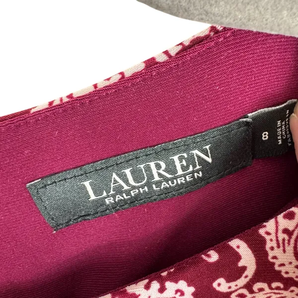 Lauren Ralph Lauren Burgundy White‎ Paisley 3/4 Sleeve Belted Midi Dress Size 8 - Image 6
