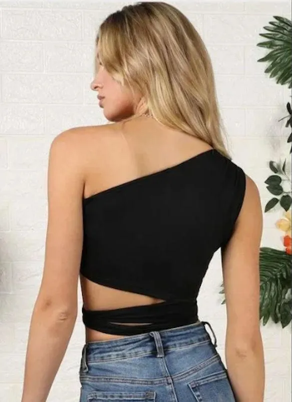 Hidden Brand New Black One Shoulder Crop Top With Long Ties for Wrapping - Image 3