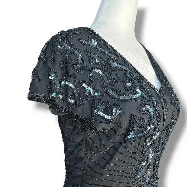 Vintage Black Beaded Sequin Evening Gown Maxi Dress Art Deco Formal Glam Elegant - Image 3