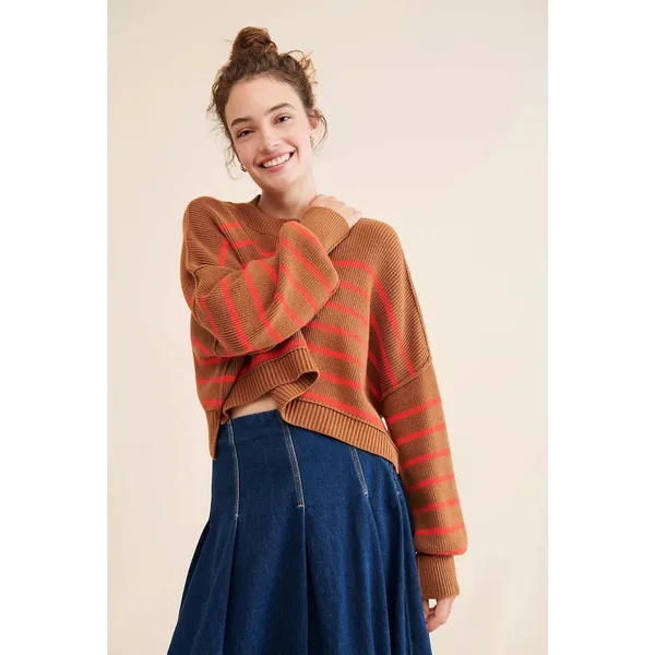 Free People Easy Street Stripe Crop Pullover Sweater Brown Orange Small - Image 15