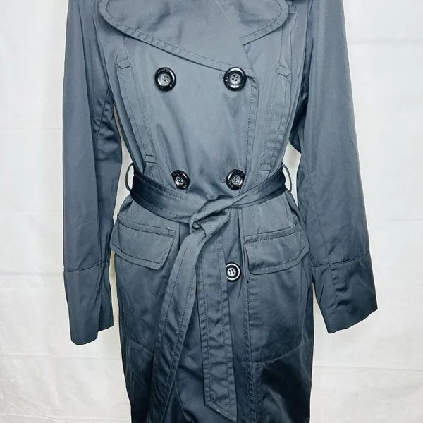 Jones New York Coat Size Large Black Faux Fur Removeable Collar Belted Trench - Image 3