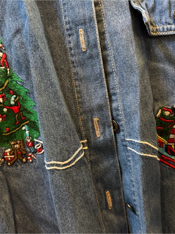 Vintage early 90s Holiday Embroidered Denim Button-Down Shirt - Image 2