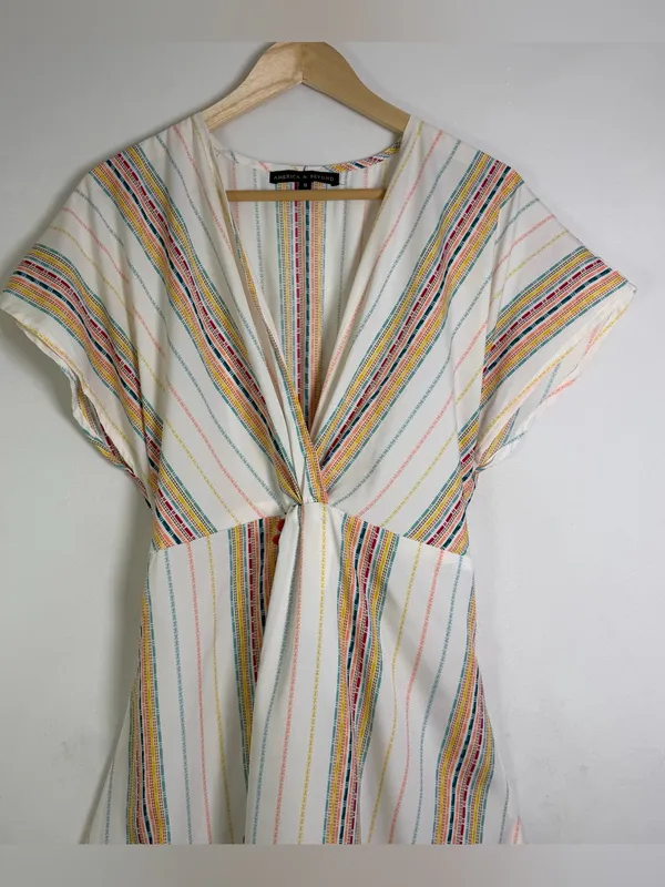 America & Beyond M Rainbow Stripe Pom Pom Maxi Dress Boho Resort Beach Vacation - Image 4