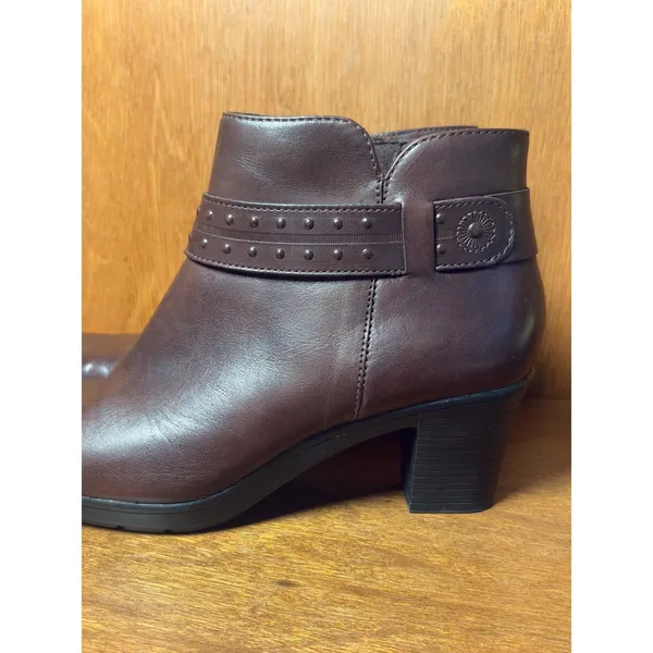 Clarks Dark Brown Leather Ankle Boots Studded Strap Side Zip Size 9 - Image 11