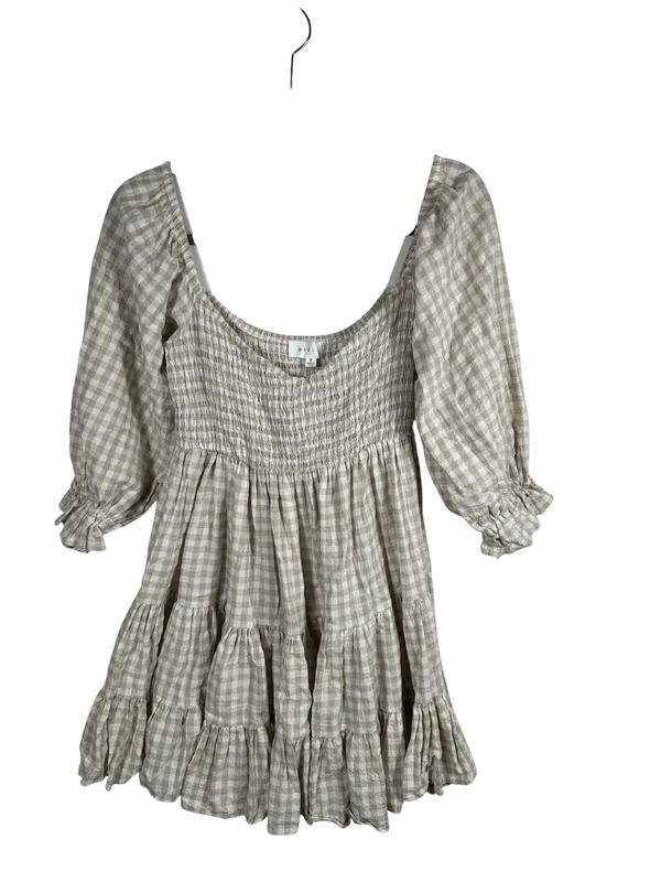 Anthropologie MABLE Gingham‎ Smocked Mini Dress Small Beige Babydoll Puff Sleeve Cotton - Image 2