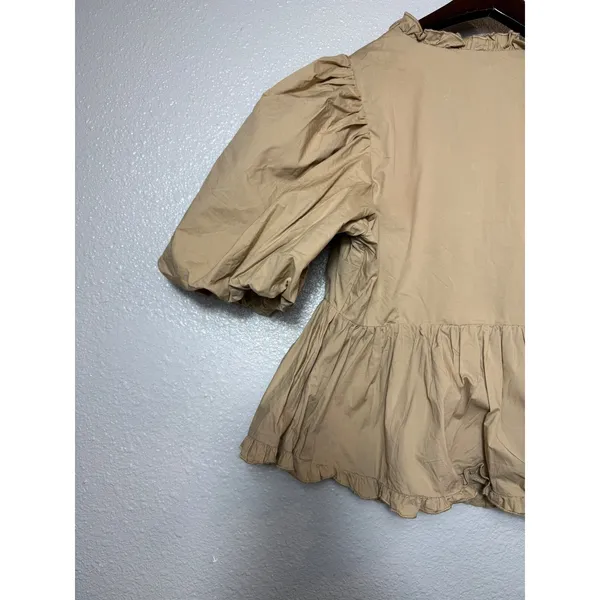 Endless Rose Puff Sleeve Peplum Top Tan Ruffle V-Neck Cotton Size S JJ1080T - Image 10