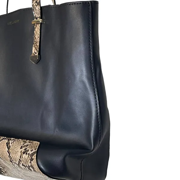 Kate Landry Black Leather ‎ Python Snake Print Tote Shoulder Bag Zip Top - Image 5