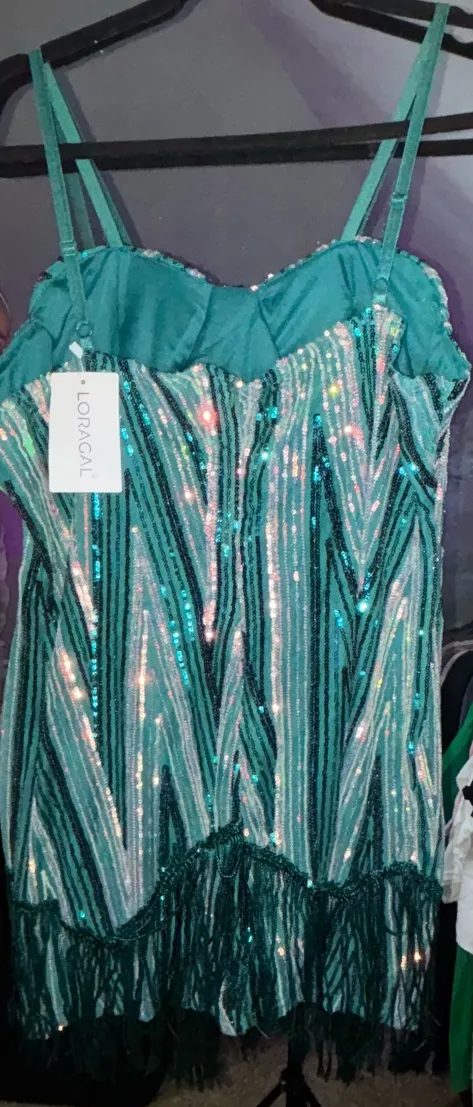 Sequin pattern irregular fringed hem cocktail party dres Green Size 2X - Image 3
