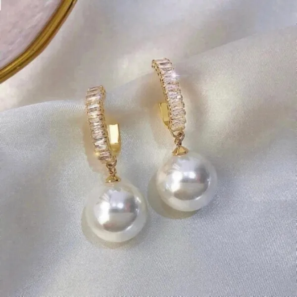 Fashion Elegant White Pearl Zircon Dangle Drop Earrings for Women - Image 2