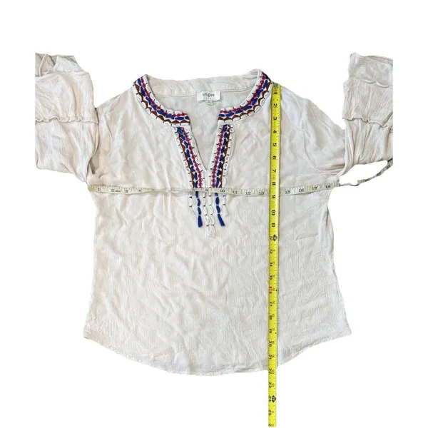 Umgee Embroidered Peasant Boho Blouse Tassel Tie Cream Bohemian Top M - Image 7