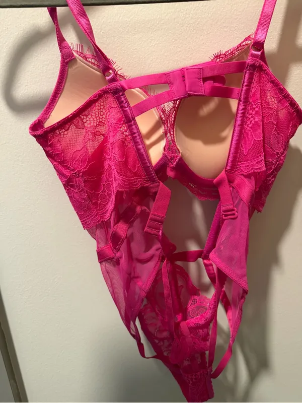 Victoria's Secret Hot Pink Lace Strappy Push-Up Teddy - Image 2
