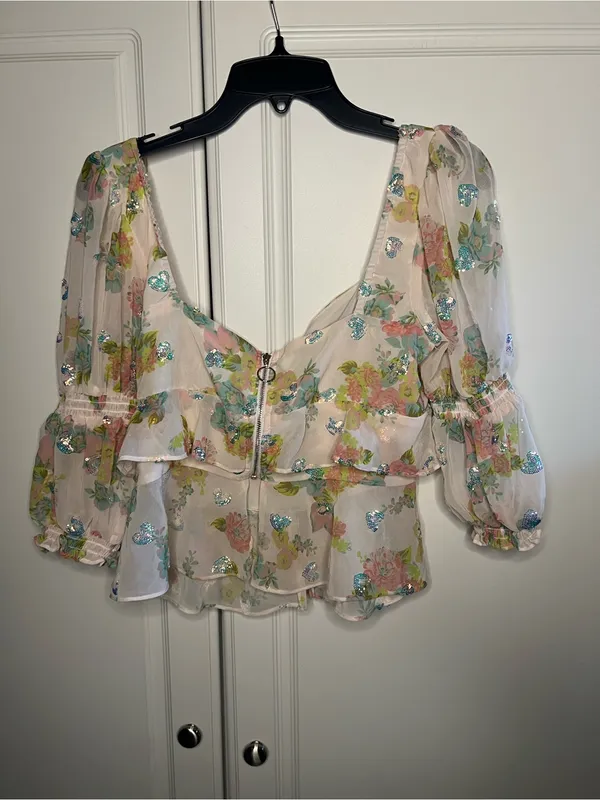 For Love & Lemons Paradis Floral Sequin Ruffle Blouse - Image 13