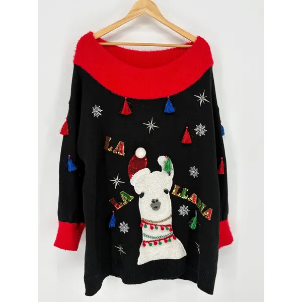 Holiday Time Christmas Sweater Women 2X Black Llama Tunic Tassels Sequin Fuzzy - Image 2